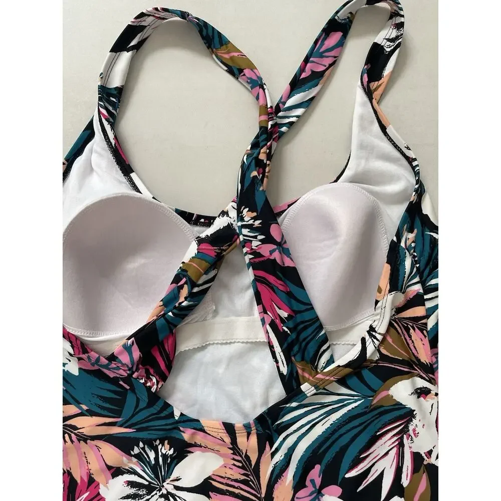 Kona Sol Swim One Piece Swimsuit Tropical Floral X Back Swimwear Summer Beach
